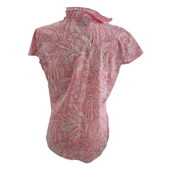Talbots Pink Floral Damask Ruffle V Neck Cap Sleeve Cotton Blouse Small - Picture 3 of 7